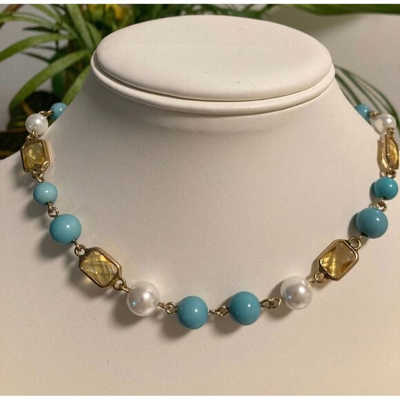 Anne Klein Vintage Faux Turquoise Pearl & Citrine Glass Stone Necklace Set - Picture 2 of 15